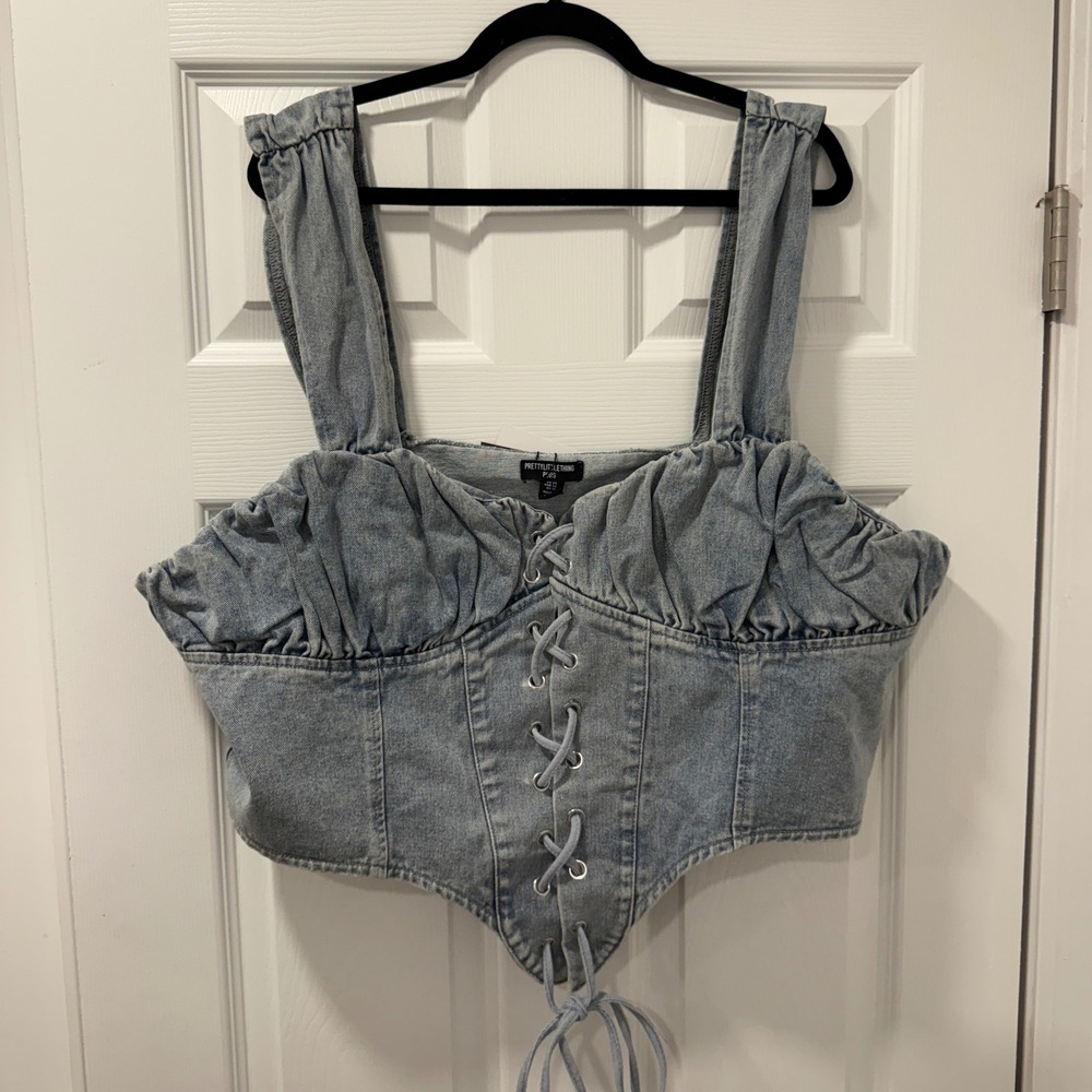 PrettyLittleThing Plus Size‎ Denim Lace Up Ruched Bust Corset Top 24 Cowgirl - Picture 5 of 8